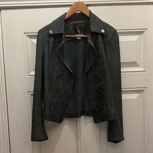 LG Dark Green Leather Lace-Up Moto Jacket for Women